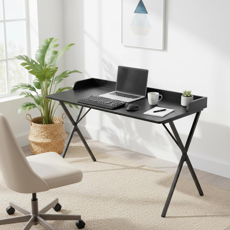 Homy Casa Modern Black Computer Desk, Metal Legs Office Writing Table - Black