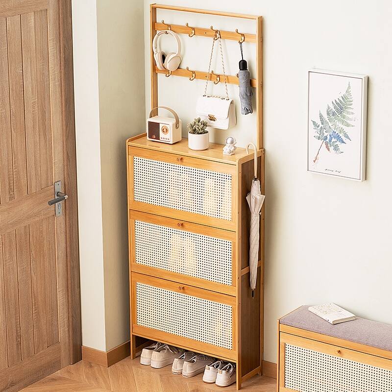 Shoe Cabinet with 3 Rattan Flip Drawers, Bamboo Shoe Storage Cabinet with Coat Hooks, Freestanding Shoe Cabinet Storage