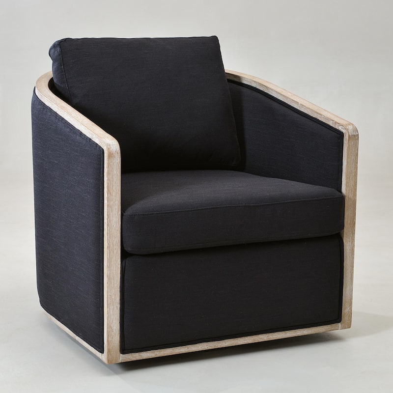 KINWELL 31"W Oak Frame Upholstered Swivel Barrel Armchair - Set of 1 - Black Fabric