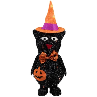 24" Lighted Black Cat in Witch's Hat Halloween Yard Decoration