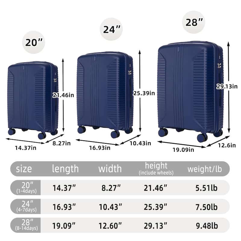 3-Piece, Modern Luggage Sets, Multi-functional Luggage with Spinner Spinner and Combination Lock, for Boarding Travel, Blue