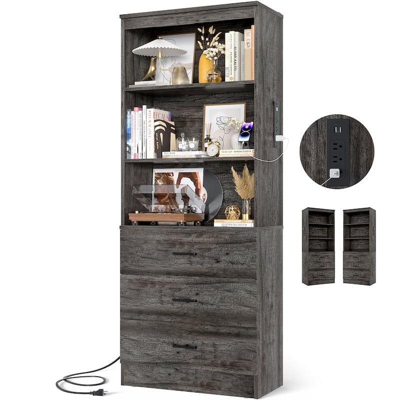 6-Tier 23.6'' Display Cabinet with Charging Station and Drawers, Bookcase Storage Shelf Kitchen Pantry