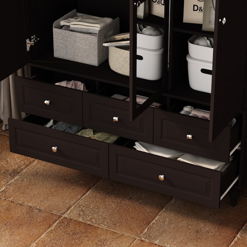 3-Door Wardrobe Armoire with Mirror, 70.9" Tall Freestanding Closet Cabinet Storage Wardrobe for Bedroom