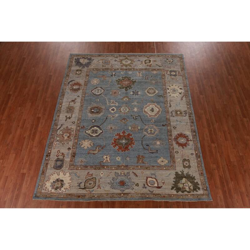 Hand Knotted Oriental 100% Wool Carpet Transitional All-Over Navy Blue & Blues Oushak Area Rug - 9' 11'' X 8' 0''