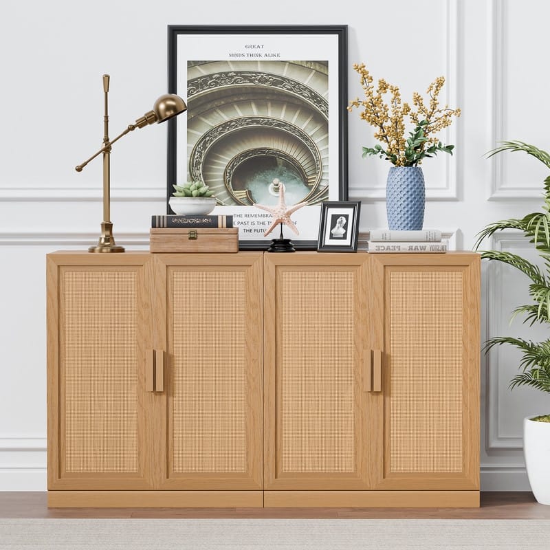 Modern Sideboard Cabinet with 4-Doors Rattan Panels Buffet Console Accent Storage Cabinet for Hallway Entryway Dining Room - Natural - 62 in.W x 31 in.H