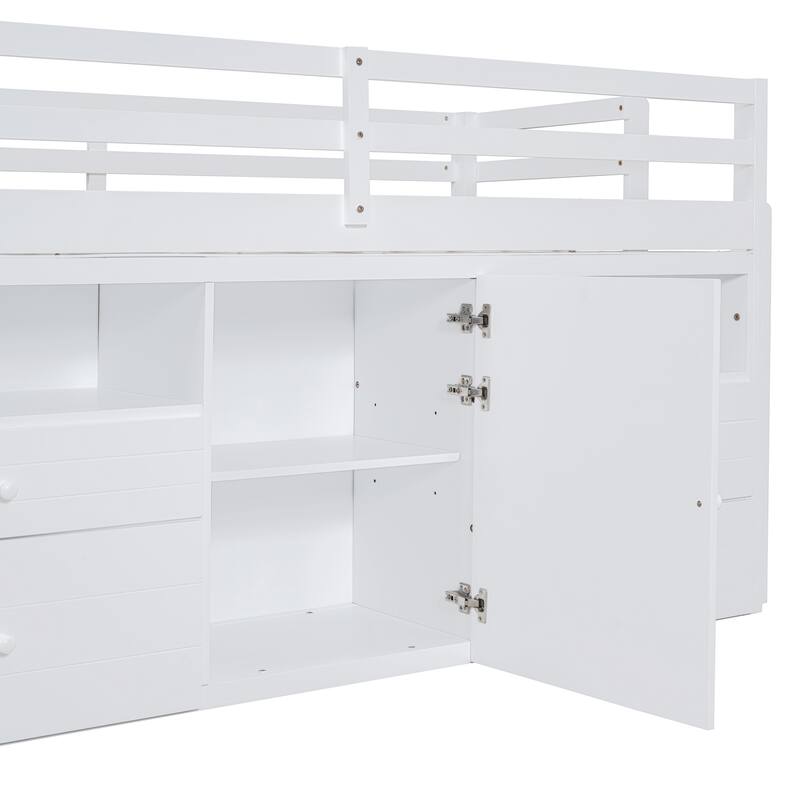Twin Low Loft Bed Solid Wood Kids Bed Frame Storage Function Loft Bed with Cabinet and 4 Drawers No Box Spring Needed - White