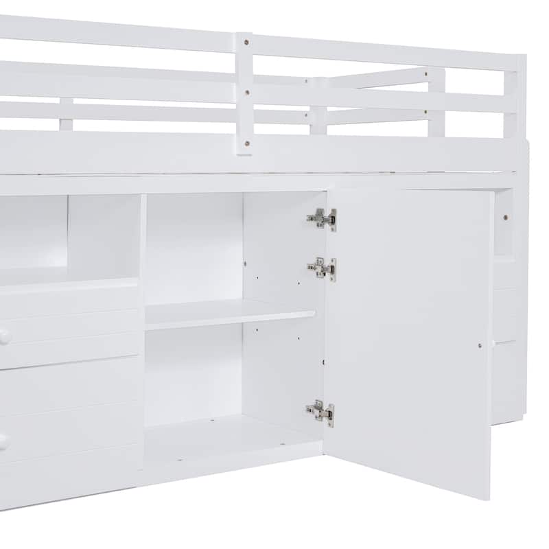 White Twin Size Solid Wood Loft Bed with Drawers and Cabinet