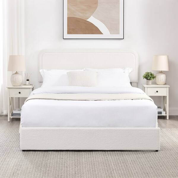 Upholstered Boucle Bed Queen Size Platform Bed Ivory with 2 Drawers and ...