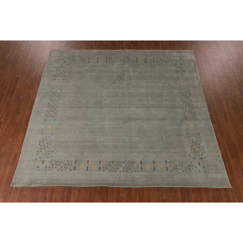 Green Gabbeh Oriental Square Area Square Rug Hand-Knotted Wool Carpet - 9'4" x 10'0"