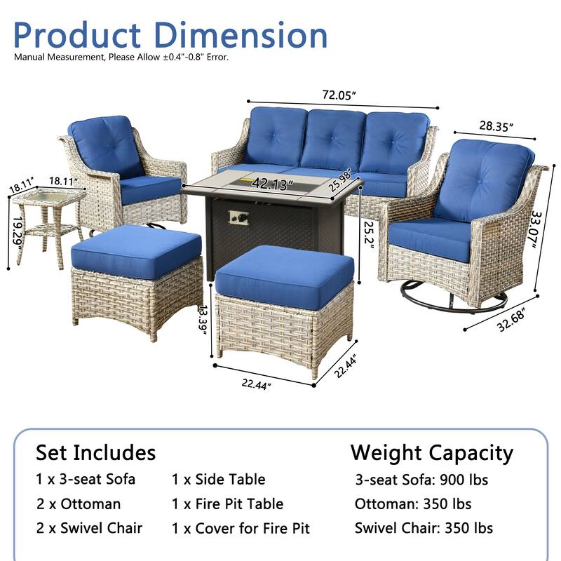 XIZZI 7-piece Patio Wicker Furniture High Back Chair Set with Firepit Table
