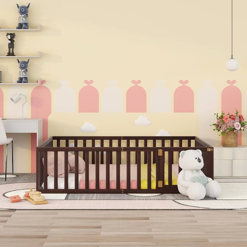 Queen Size Wood Floor Bed Frame with Safety Fence and Door, Perfect for Kids' Room - Walnut