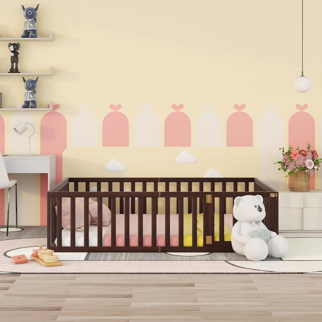 Queen Size Wood Floor Bed Frame with Safety Fence and Door, Perfect for Kids' Room