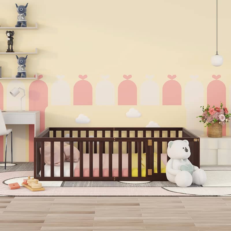 Queen Solid Wood Floor Bed with Fence & Door