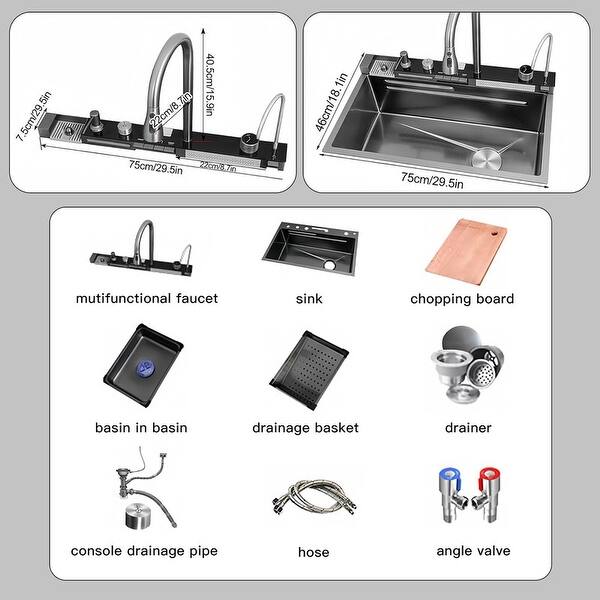 Waterfall Kitchen Sink Black Stainless Steel Single Bowl Kitchen Sinks - 29.5x18.1x8.26in