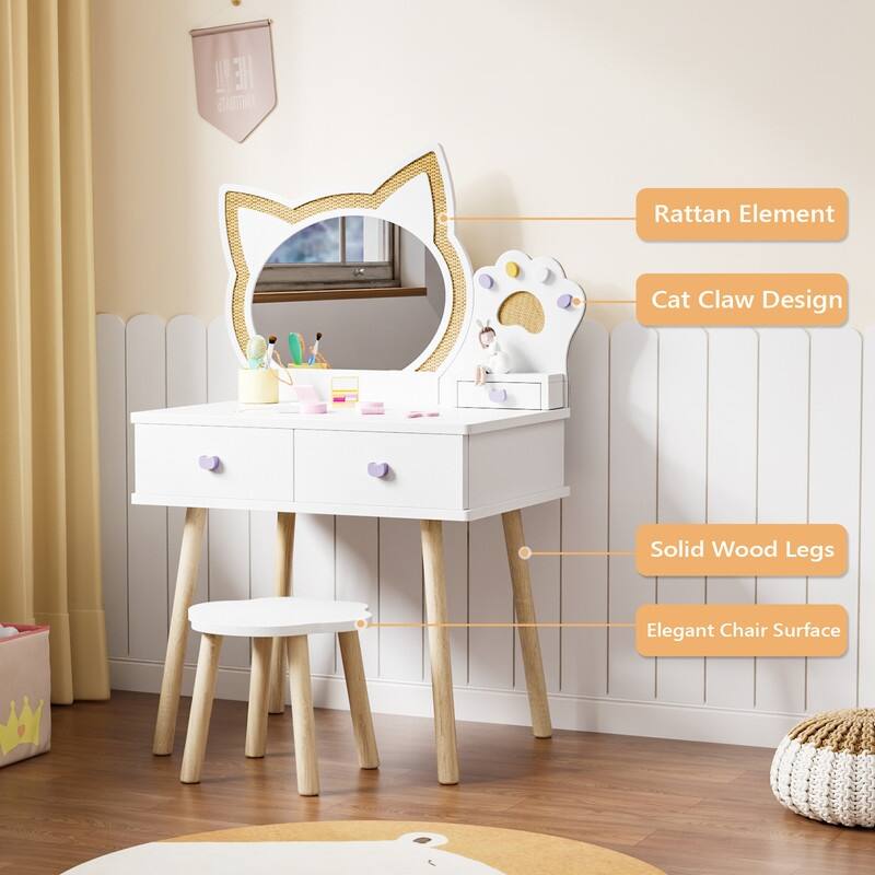 Kids Cat Mirror Vanity Makeup Dressing Table With 7 Pretend Play Accessories - N/A