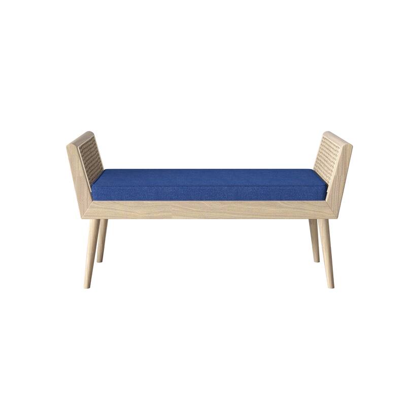 Aderyn Mid-Century Padded Bench with Raised Rattan Arms