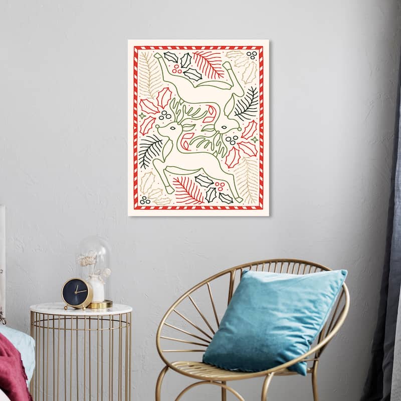 Wynwood Studio Canvas Holiday and Seasonal Couple Reindeer Outline Gold Red Modern & Contemporary Wall Art Canvas Print - 20 x 24