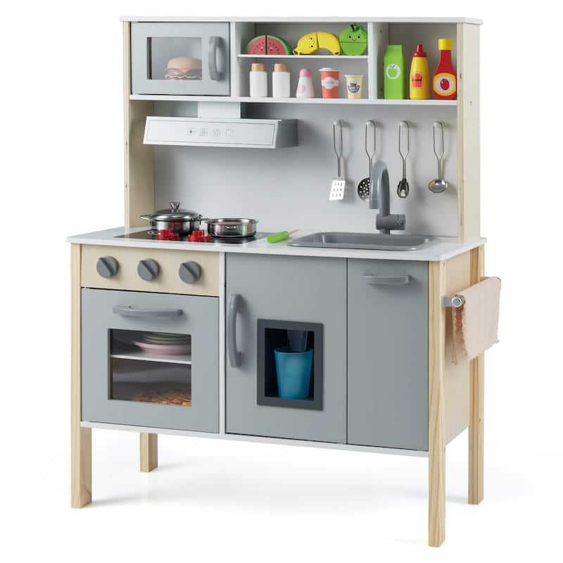 Costway Kids Kitchen Playset Wooden Pretend Play Chef Toy with - See Details - Grey
