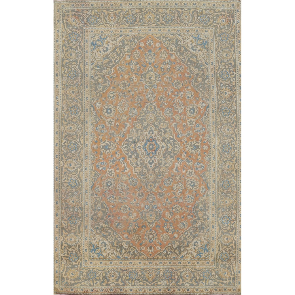 Traditional Mashad Persian Vintage Rug Hand-Knotted Wool Carpet - 6'3"x 9'7"