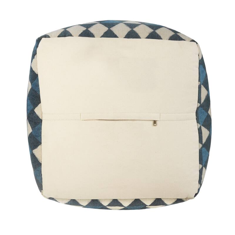Blue Geometric Pouf Ottoman 20" Cotton Footrest for Modern Living Room and Home Seating