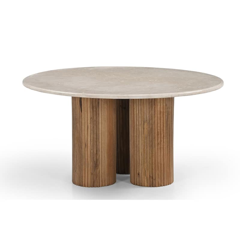 Cid Den Coffee Table, Brown Wood, Round Botticino Marble Top, 27 Inch