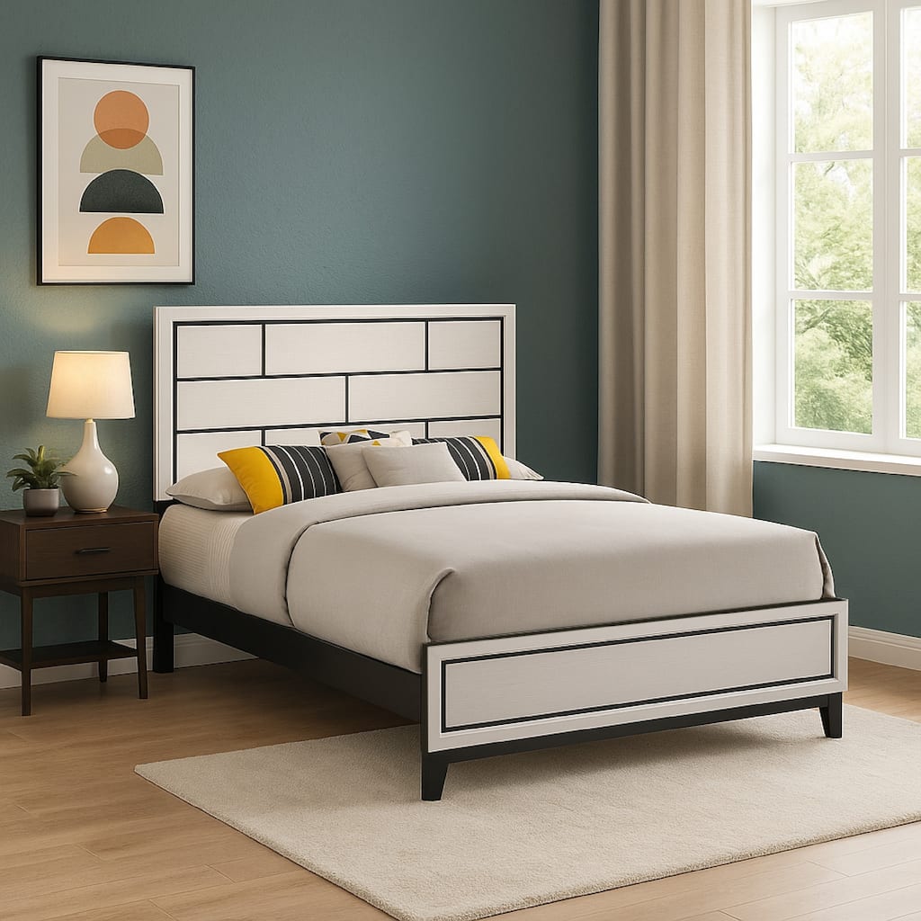 Asir Full Size Bed, Geometric Panel Headboard, Modern White Wood Finish