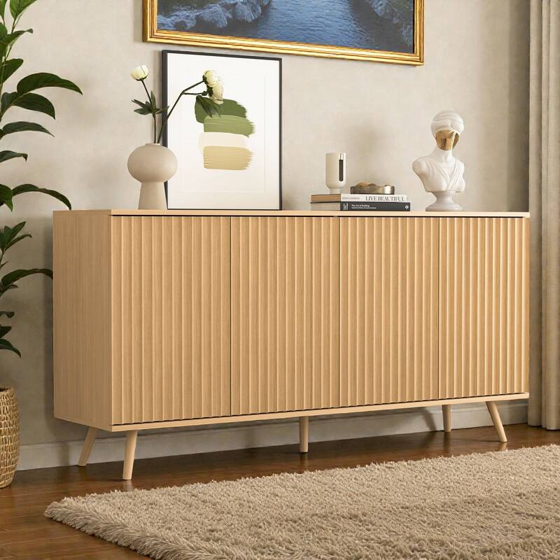 Modern Farmhouse Sideboard Storage Cabinet with 4 Doors, Wood Coffee Bar Credenza Console with Adjustable Shelves