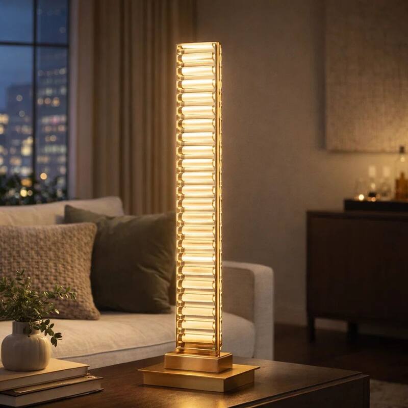 Lizy 24 Inch Tall, Thin Table Lamp, Crystal, LED Metal Frame, Antique Brass