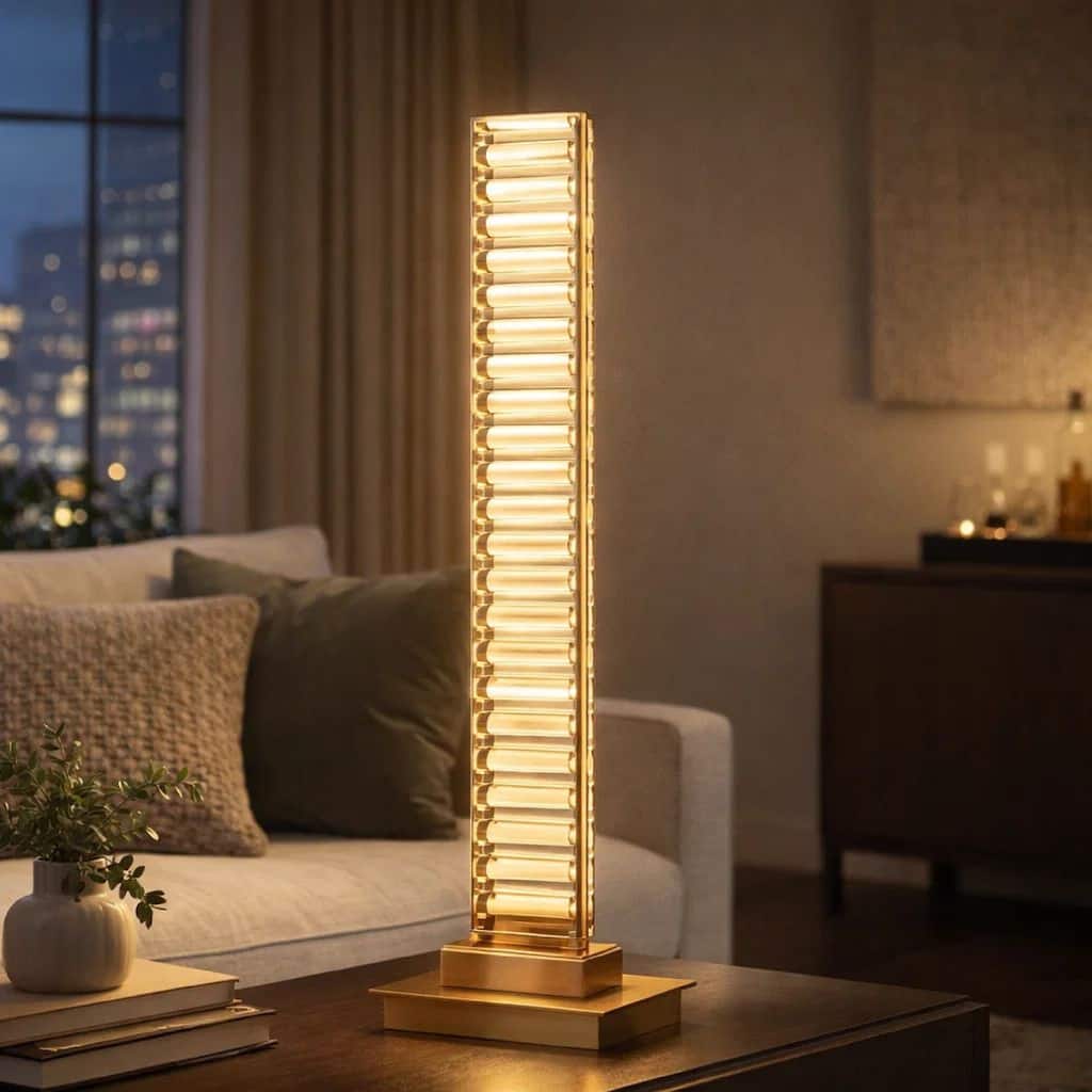 Lizy 24 Inch Tall, Thin Table Lamp, Crystal, LED Metal Frame, Antique Brass