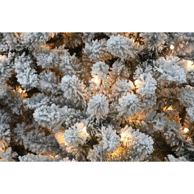 Fraser Hill Farm 7.5-Ft. Flocked Winter Snow Pine Christmas Tree with Warm White LED Lighting