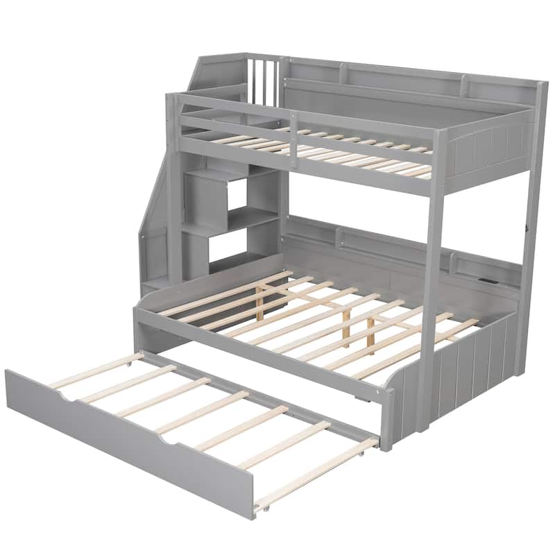 Twin over Full Bunk Bed with Storage Stairs, Trundle, LED Shelf & USB Port by Harper&Bright Designs