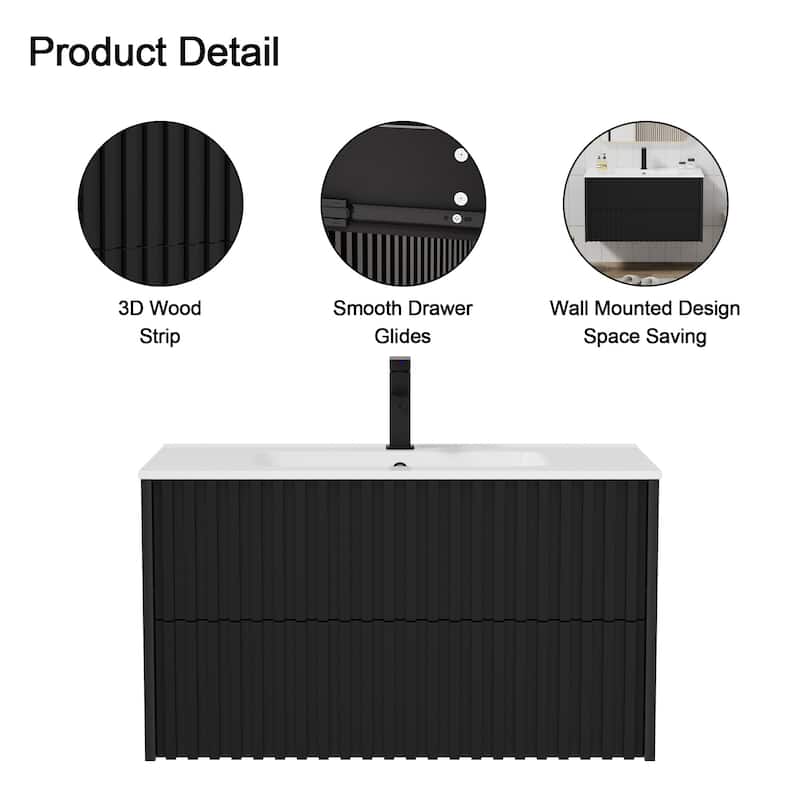 Wall Mounted Bathroom Vanity Set Mid-Century Storage Cabinet with Ceramic Sink