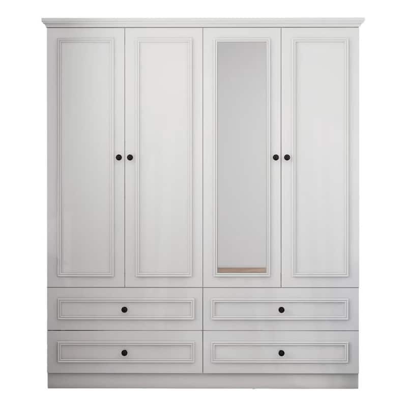 HomeRoots 71" White Carved Geometric Mirrored Four Door Four Drawer Combo Dresser
