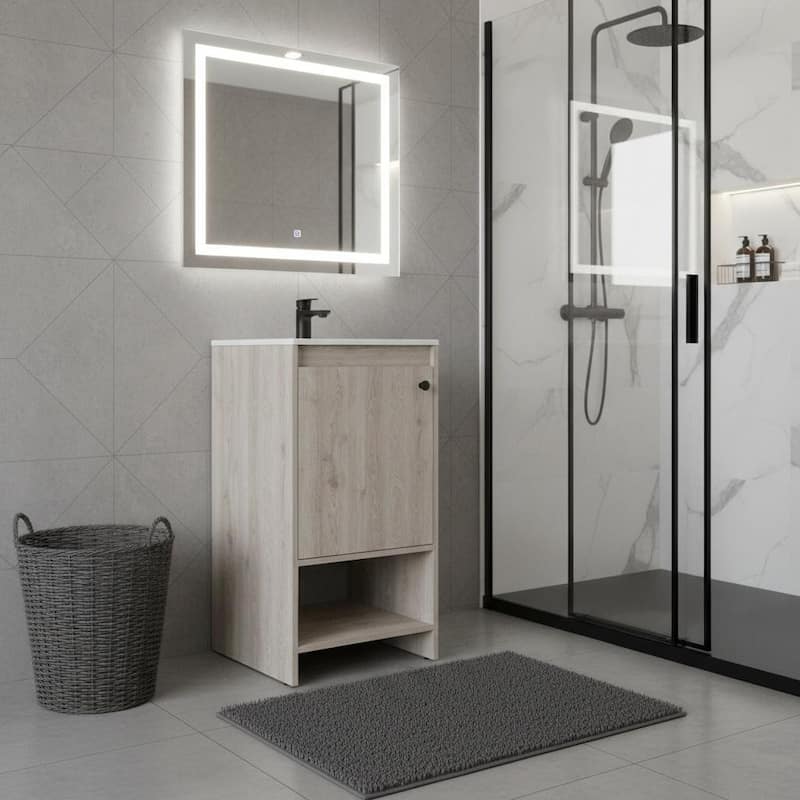 HomeRoots 18" Light Gray Wood Freestanding Single Door Bathroom Vanity With White Sink - 17.70 in. x 33.50 in. x 17.70 in. - 17.70 in. x 33.50 in.  x 17.70 in. - Polished - Light Gray