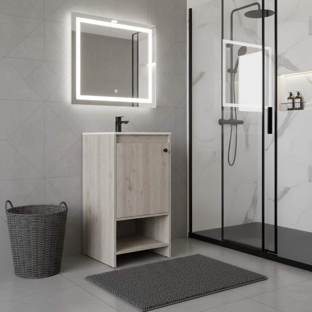 HomeRoots 18" Light Gray Wood Freestanding Single Door Bathroom Vanity With White Sink - 17.70 in. x 33.50 in. x 17.70 in.