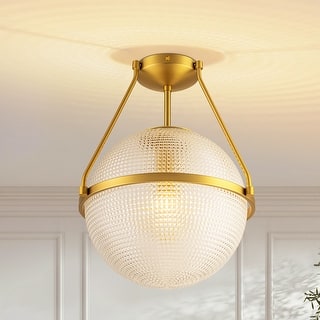 1-Light 14.17" Black/Gold Modern Textured Grid Glass Globe Semi-Flush Mount Light