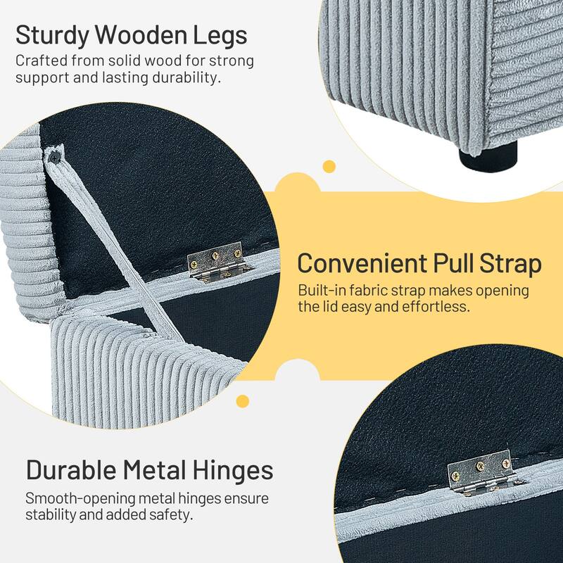 25 in.W Corduroy Upholstered Flip Top Storage Ottoman Footstool w/ Hide Hidden Storage & Solid Wood Legs