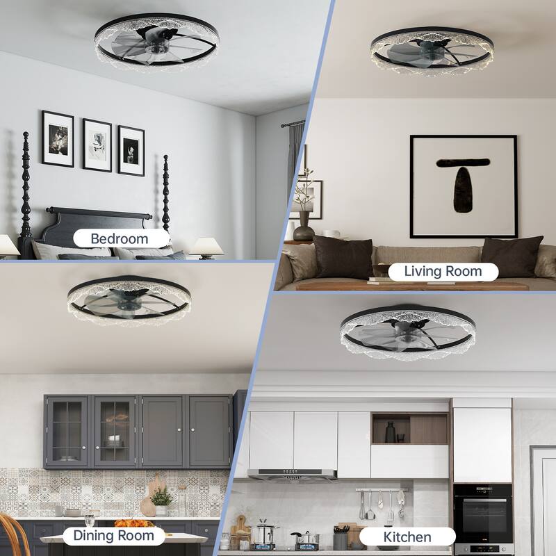 Acrylic Crystal Ring Ceiling Fan with Dimmable Light & Remote Control, Modern Flush Mount Ceiling Light with Fan for Bedroom