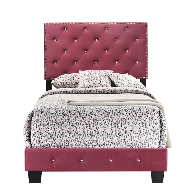 Suffolk Velvet Upholstered Jewel Accent Tufted Nailhead Panel Bed