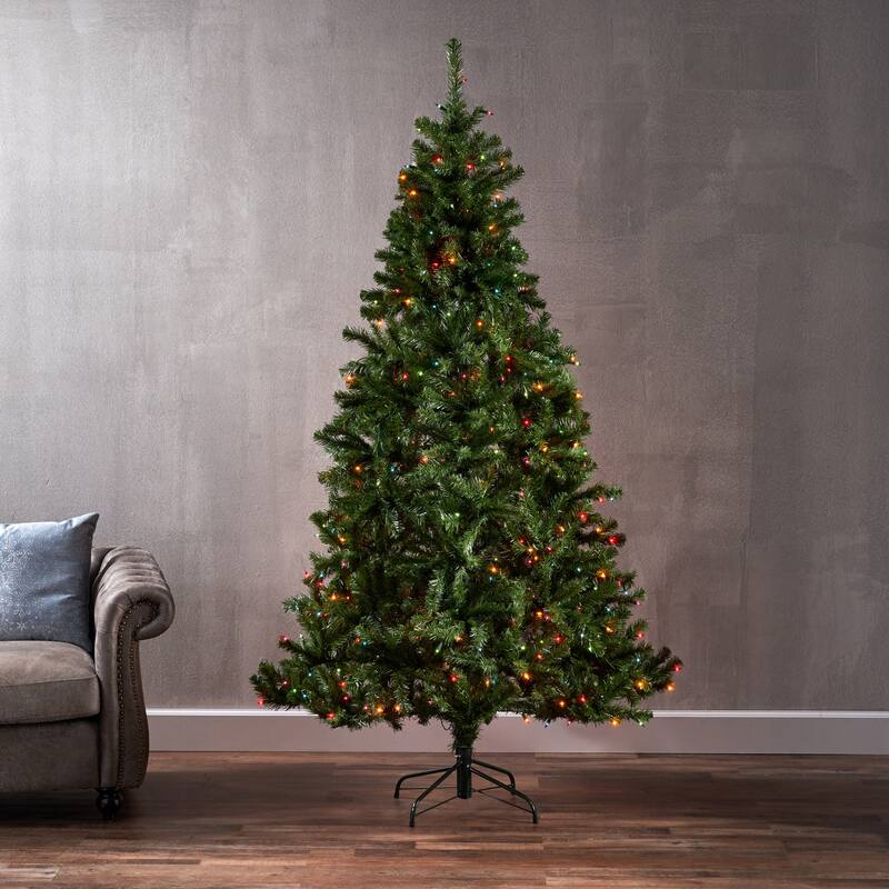 7-Foot Pre-Lit Noble Hinged Christmas Tree with 500 MultiLights-UL, 48" Wide, Sturdy Iron Stand, & Assembly Guide