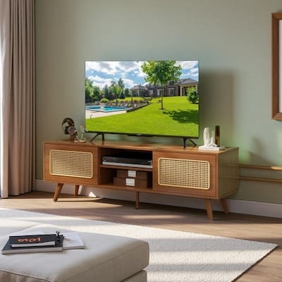 59" Rattan Media Console with Power Outlets & USB Ports, Sliding Doors & Solid Wood Legs, Storage Cabinet