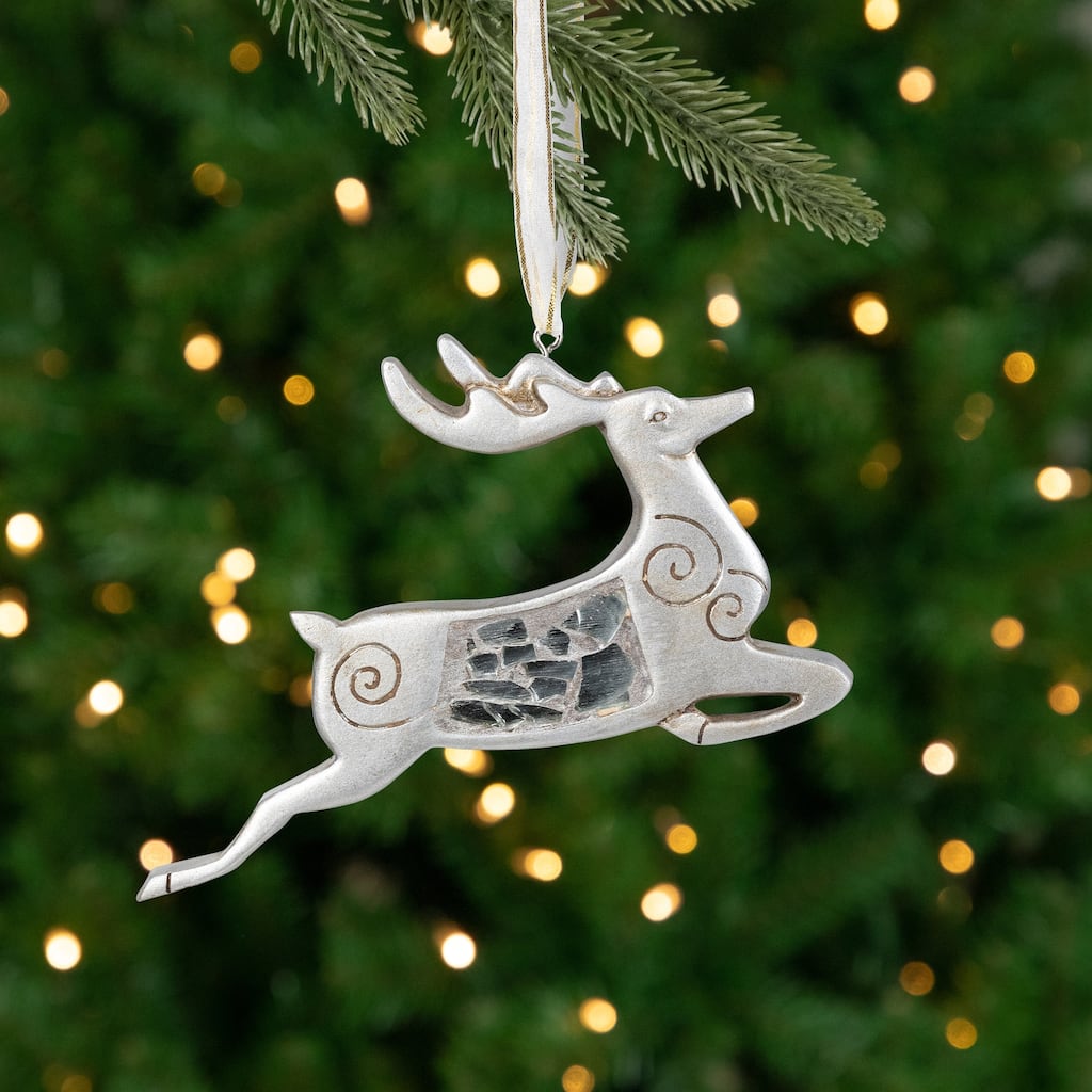 Reindeer Mosaic Style Christmas Ornament - 4.75" - Silver