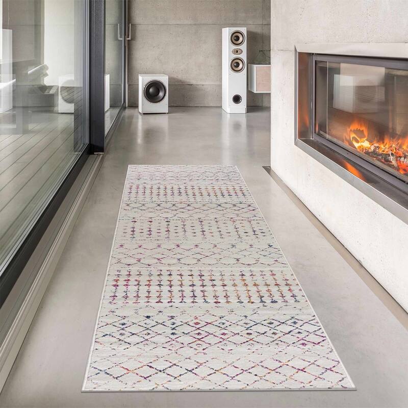 Tigris Tanu Moroccan Trellis Farmhouse Boho Area Rug - 2'7" x 12' - Colorful, Grey, Beige