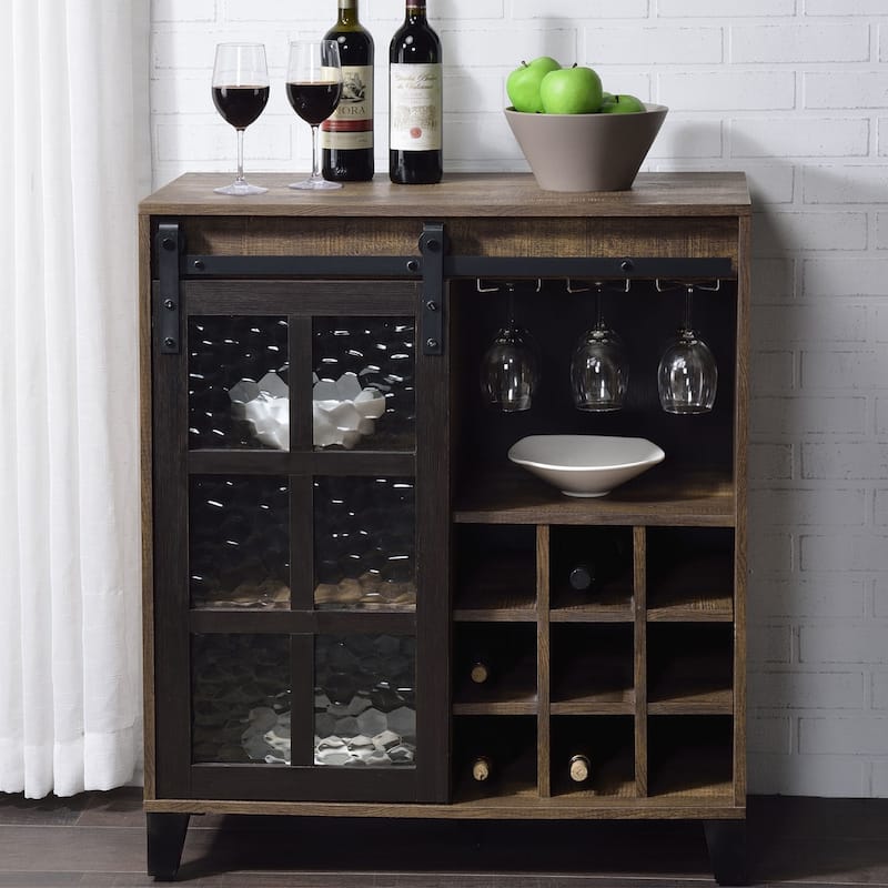 Wooden Wine Cabinet with 1 Glass Sliding Barn Door in Rustic Oak and Black