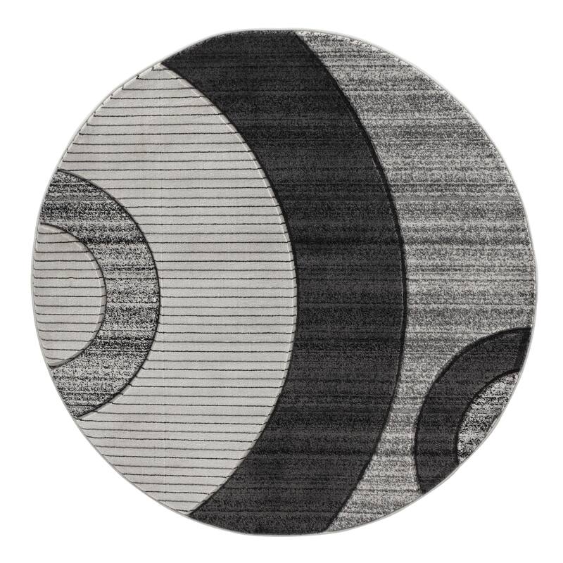 Glamour Collection Geometric Polypropylene Area Rug - 8'1'' Round - Grey/Black
