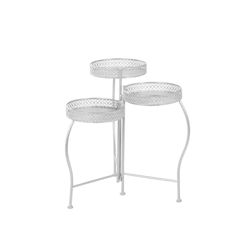 Metal Curved Folding 3 Tier Indoor Outdoor Plantstand with Floral and Scroll Patterns - Gold, Black, Silver - Roche River Decor