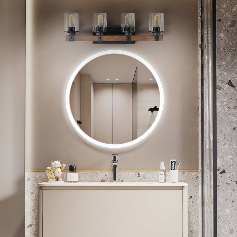 27" Rustic 4-Light Vanity Light, Industrial Bathroom Wall Sconce with Glass Shades and Wood Accent (No Bulbs) - Walnut