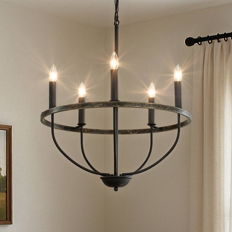 26'' 5-Light Modern Matt Black Classic Candelabra Chandelier Industrial Candle Pendant Light For Living Room Dining Room - W24''