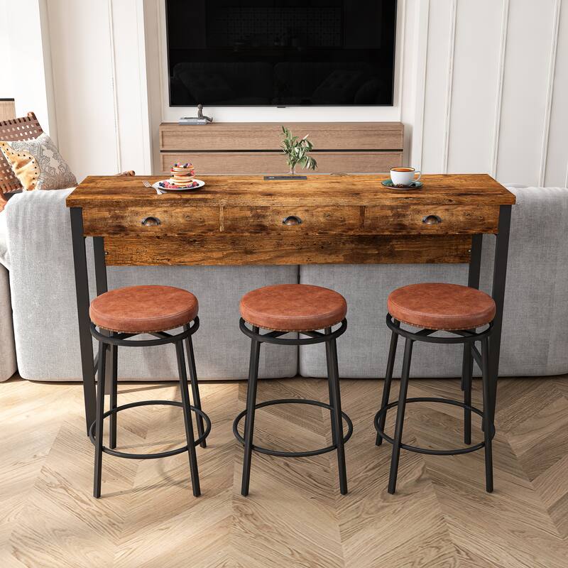 3-Drawer Long Dining Table Set with Power Outlets, Bar Kitchen Table Set with Circular PU Stools, Brown Gray Table+Black Stool
