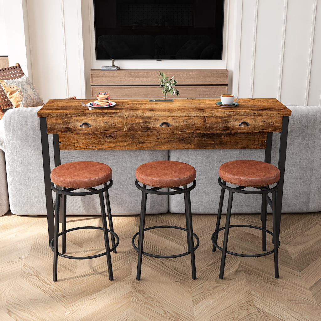 Dining Table and Chair Set with Shell Handle Drawers, Computer Table with Power Outlet, Round Upholstered Dining Chairs